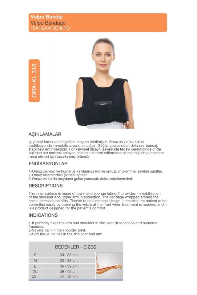 Velpo Bandajı – Omuz Askısı, Kol ve Omuz Sabitleyici Bandaj (ORX®-KL315)