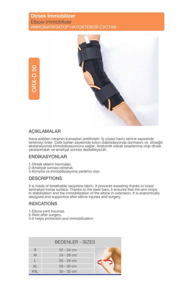 Neopren Dirsek İmmobilizer – Tam Sabitleyici Ameliyat Sonrası Dirsek Ateli (ORX®-D50)