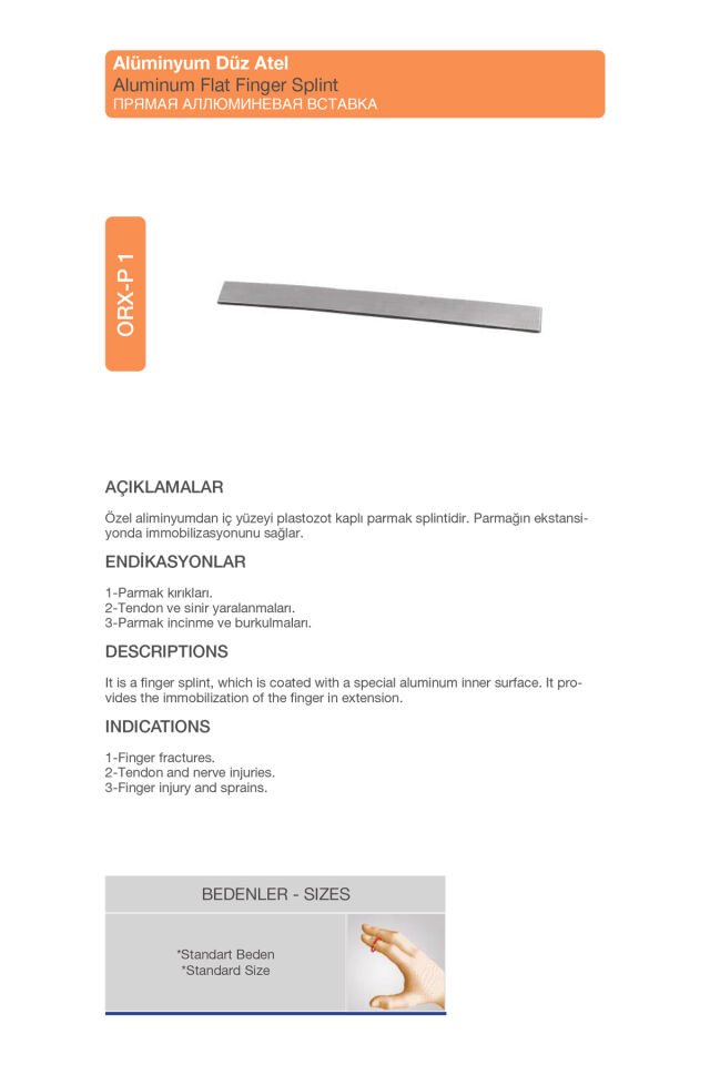 Alüminyum Düz Parmak Ateli – Parmak Sabitleyici Medikal Destek (ORX®-P1)