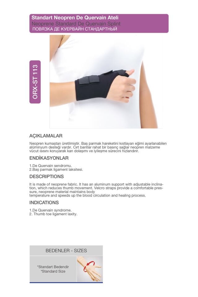 Standart De Quervain Ateli – Baş Parmak Tendiniti ve El Bileği Ağrısı İçin Medikal Atel (ORX®-ST113)