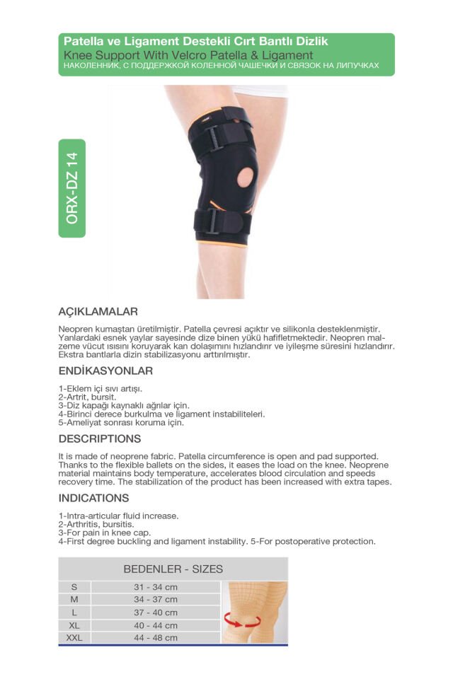 Neopren Patella Ligament Destekli Velkrolu Dizlik – Esnek Diz Desteği Dizlik (ORX®-DZ14)