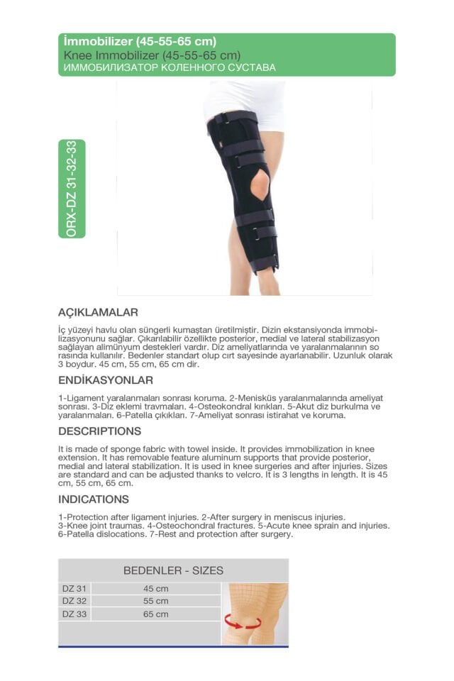 Diz İmmobilizer – Ameliyat Sonrası Diz Sabitleyici  (45-55-65) (ORX®-DZ31)