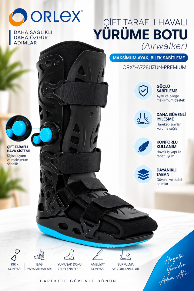 Çift Tarafı Havalı Yürüme Botu Siyah (Airwalker) – Ayak Ve Bilek Sabitleme (ORX®-A728UZUN-PREMIUM)