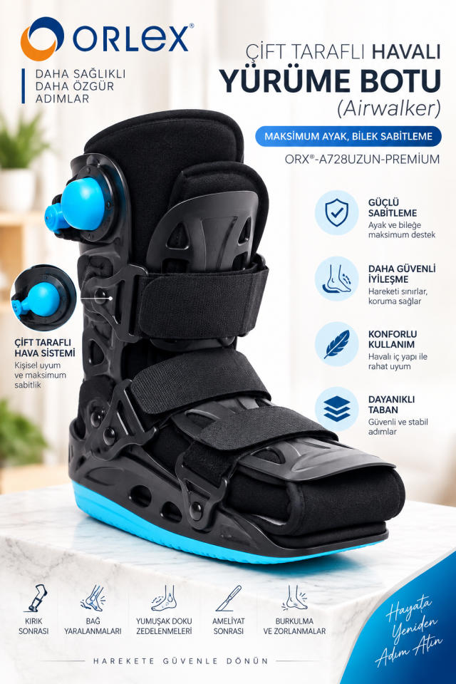 Çift Tarafı Havalı Yürüme Botu Siyah (Airwalker) – Ayak Ve Bilek Sabitleme (ORX®-A728KISA-PREMIUM)