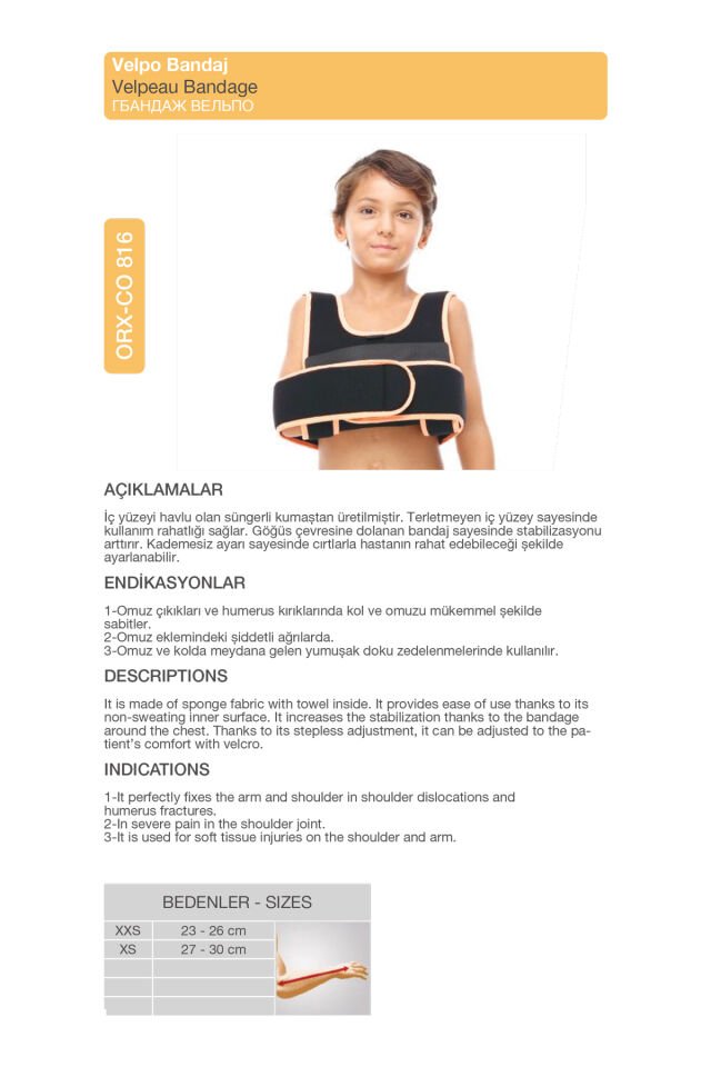 Çocuk Velpo Bandajı – Omuz ve Kol Sabitleyici Bandaj (ORX®-CO816)